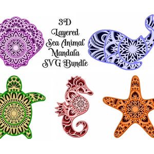 Sea Animal SVG Layered Mandala Bundle - 5  designs, Seahorse, Sea Turtle, Seashell, Whale, and Starfish