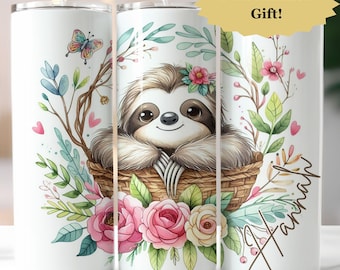 Personalized Sloth Tumbler, Custom Name Coffee Travel Mug, Sloth Lover Birthday Gift, Cup With Straw, Personable Tumbler, Animal Tumbler
