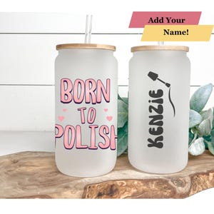Personalized Nail Tech Iced Coffee Cup: Frosted Glass Tumbler with Lid & Straw