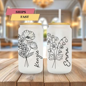 Bridesmaid Gift, Personalized Birth Flower Tumbler with Name, Custom Birth Flower Frosted Glass Cup with Lid and Straw, Bachelorette Gifts