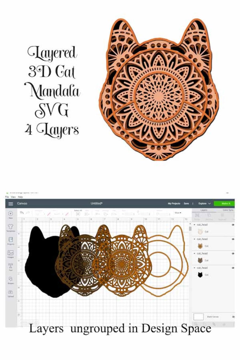 Download 3D Cat Head Layered Mandala SVG file layered cut file 4 | Etsy