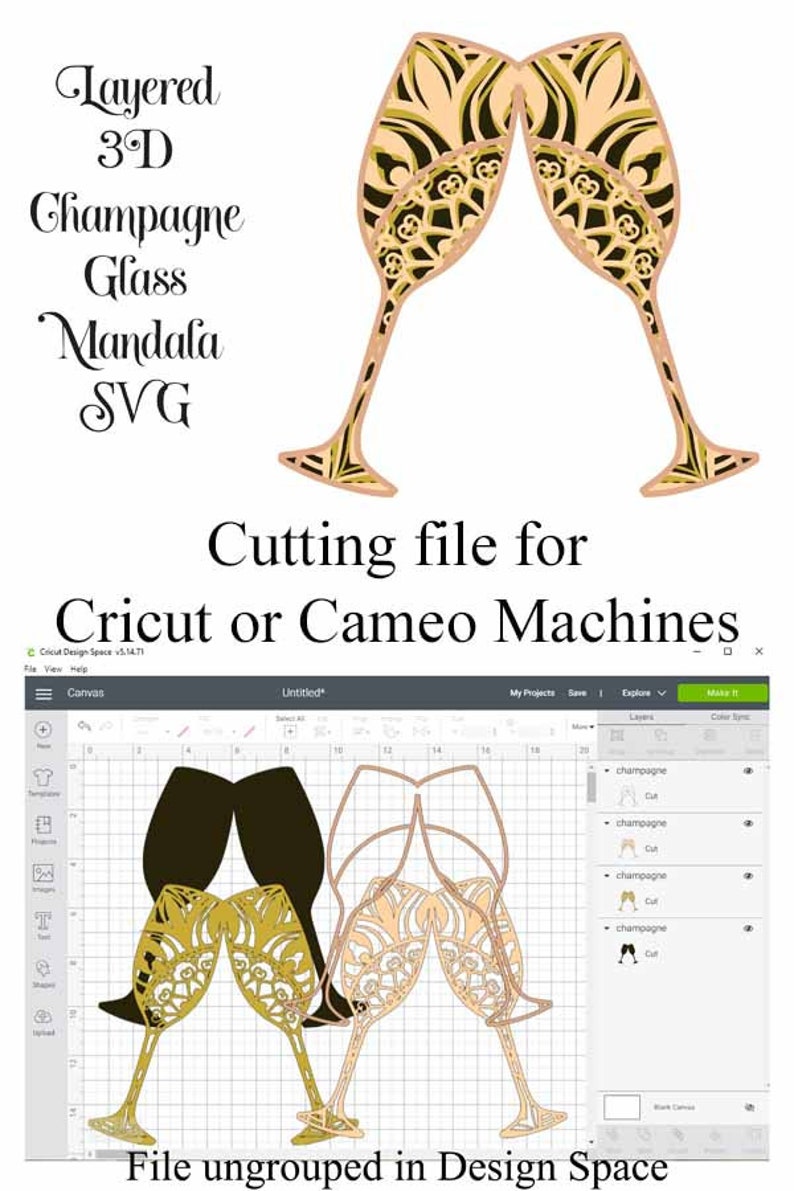 Download 4 Layers For Cricut Or Cameo Champagne Glass Mandala 3d Layered Svg File Wedding Clip Art Art Collectibles Mukena Id