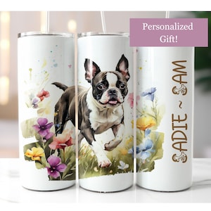 Boston Terrier Personalized Travel Mug, Boston Terrier Mom Gift, Dog Tumbler, Floral Pet Cup with Lid and Straw, Custom Name Cup