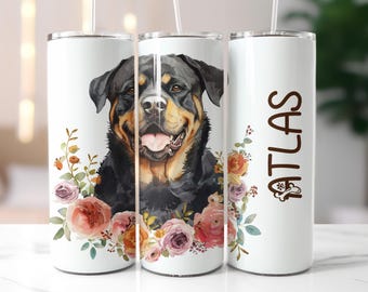 Rottweiler Dog Gifts, Personalized Dog Tumbler, Rottweiler Dog Mom Gift, Floral Pet Travel Mug with Lid and Straw,  Custom Pet Name Cup