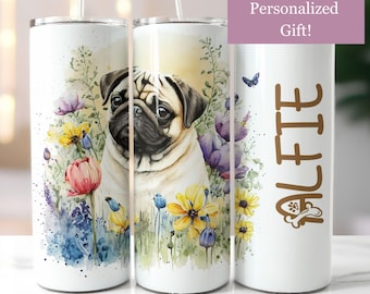 Personalized Pug Tumbler: Floral Watercolor Pet Travel Mug