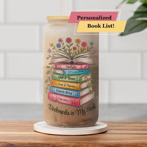 Personalized Favorite Books Glass Tumbler, Custom Bookshelf Frosted Cup with Bamboo Lid, Bookworm Reader Book Lover Gifts, Bookish Merch