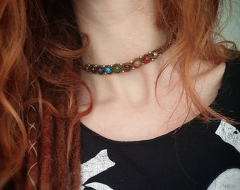 Macrame Choker Chakra Chakra Choker Rainbow Collar // Kraag Hoofdband Healing Stones Yogi Sieraden