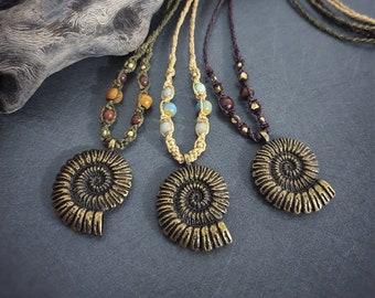 Ammonite necklace // Macrame necklace with snail shell fossil