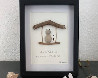 Steinbild Katze/Kater personalisierbar nachhaltig // Wanddeko Kieselsteinbild Naturmaterialien