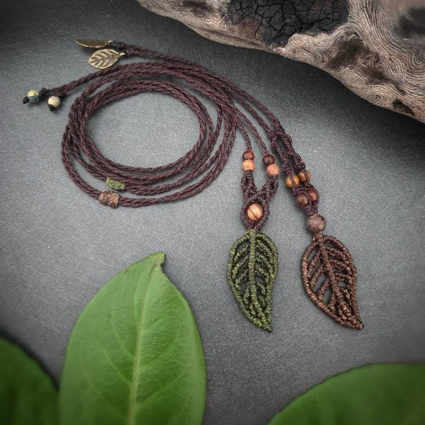 Leaf chain macrame necklace // Forest necklace with leaf AUTUMN LEAVES