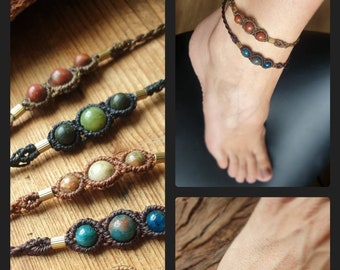 Macrame anklet and bracelet with semi-precious stone beads // Healing stones TRIO