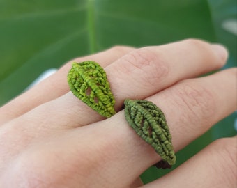 Leaf ring macrame ring with leaf adjustable // forest jewelry AUTUMN LEAVES nature forest green