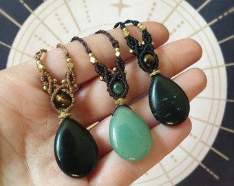 Obsidian Aventurin Kette Makramee Halskette LÀGRIMA // Halbedelstein Kette Messing personalisierbar