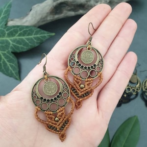 Boho macrame earrings customizable // leaves shell coin macrame earrings statement earrings LUNA
