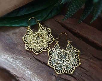 MANDALA Earrings Gold Lotus Bohemian // gold-colored statement earrings