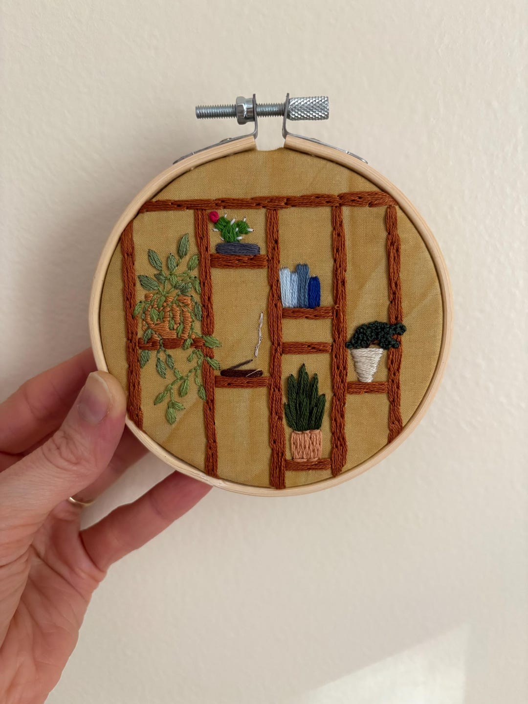 Mini Bookshelf Embroidery Hoop Wall Art | Hand Embroidered Plant Shelf ...