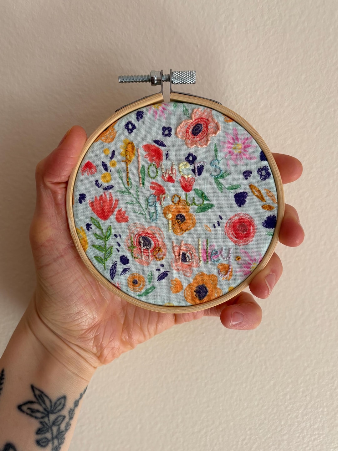 Hand Embroidered Floral Hoop Art | Botanical Wall Decor, "flowers Grow ...