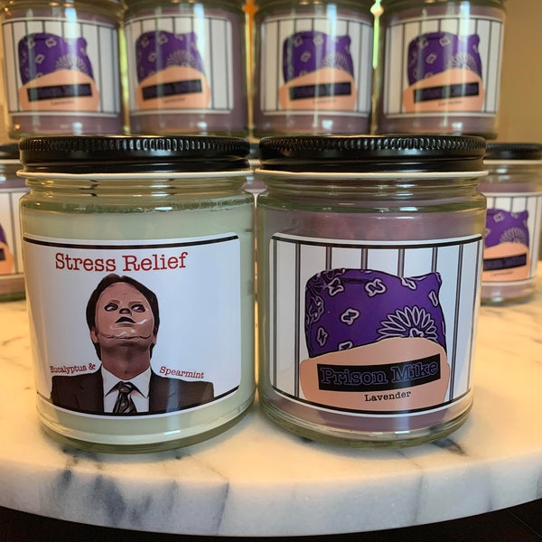 Office themed Candles: Kevin's Chili, Dwight Schrute as Hayking, Recyclops, Prison Mike (Michael Scott), Toby, Pretzel Day, The Injury