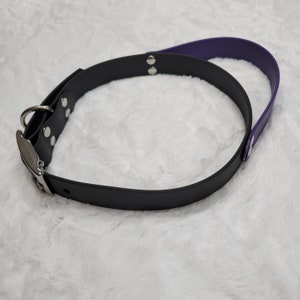 Ready to Ship: 1&quot; Wide Beta Biothane Handle Collar Black with Purple Handle Adjusts 19-22&quot;