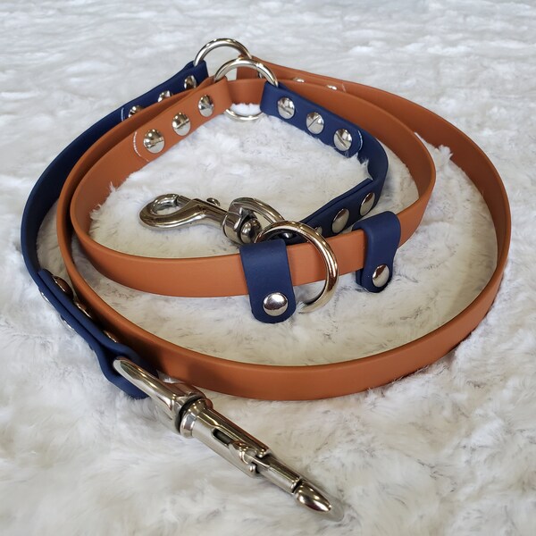 Ready to Ship: Over the Shoulder (OTS) Leash / Multileash in Light Brown and Navy with heavy duty hardware upgrades, size short