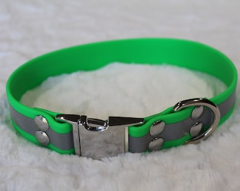 Ready to Ship-1" Wide Reflective Biothane Collar in Neon Green 17"
