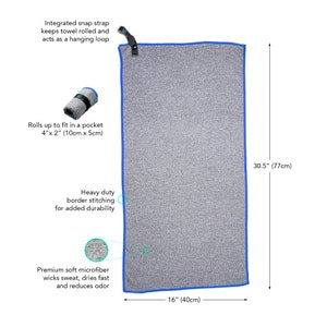 May include: Gray microfiber towel with blue trim and a snap strap. The towel is 16 inches by 30.5 inches and rolls up to fit in a pocket. It is made of premium soft microfiber that wicks sweat, dries fast, and reduces odor. The towel has heavy duty border stitching for added durability.