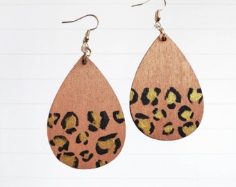 ROSE GOLD LEOPARD earrings, cheetah print earrings, gift for mom, gift for her, wood earrings, leopard print gifts, jewelry gifts for women