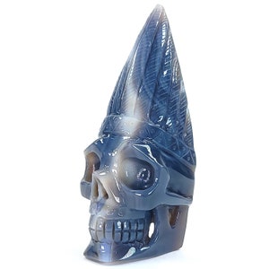 Blue Agate Indian Skull Head Crystal! Large 7" Tall Aztec Carved Skull With Headdress, Gemstone Skull Decor, Blue Agate Carved Indian Skull!