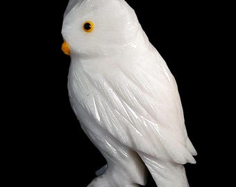 Estatua de búho blanco, figura grande de búho de calcita tallada a mano de 18 cm, regalo, escultura de cristal de lujo, búho nival blanco de colección, tallado en calcita.