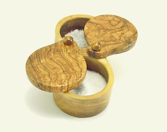 Ensemble de salière de table en bois en bois d'olivier, salière avec couvercle salière ronde, double salière, salière gros sel fin, porte-sucre