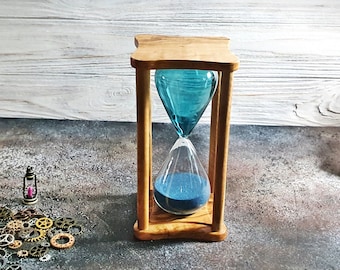 Temporizador de arena de madera de olivo, arena azul, reloj de arena clásico de 15 minutos