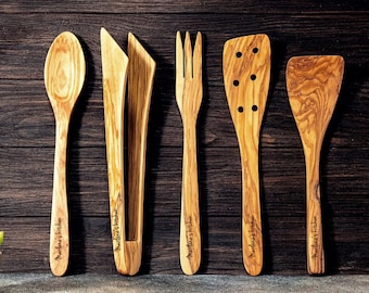 Personalized Olive Wood Kitchen Utensil Set: Handmade Cooking Spoons, Fork, Spatula