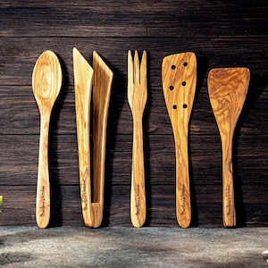 Personalized Spoons set for Cooking in Olive Wood Ecological  for Kitchen,  Handmade set 5 pieces for Cooking , kitchen utensils wooden