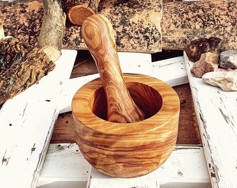 Handmade Olive Wood Mortar and Pestle Set, Rustic Kitchen Decor