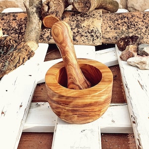 Wooden mortar, Rustic Mortar and Pestle, Handmade Mortar, Mortar and Pestle in olive wood , Craft Mortar, Smooth Modern Shape