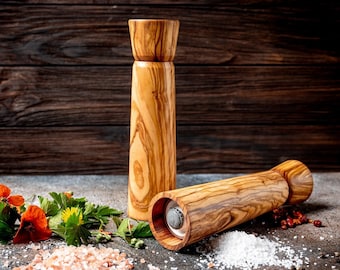 Set 2 Pepper Mill Grinder Olive Wood, Handcrafted Wooden Pepper Mill, Pepper Mill kit for Seasoning, Salt and Pepper Grinder Shakers