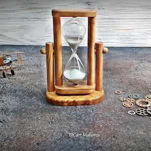 Reloj arena giratorio de 3 minutos, Temporizador de arena clásico de madera de olivo, Reloj de arena de vidrio hecho a mano para decoración