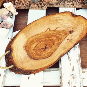 Rustic Olive Wood Chopping Board With Rope, Hanging Chopping Board, Live edge Cutting Board, Rustic Bread Board, Bark board, Country Home