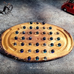 Solitaire game olive wood rustic with glass balls, Solitaire game board Rustic wood board with glass balls, Vintage Handmade Solitaire Game