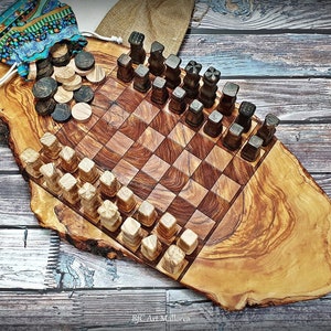 Customizable Chess Board with Checkers Included Handmade, Unique Olive Wood Chess Set with Rustic Vintage Edges