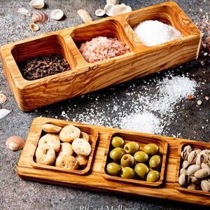 Olive Wood Salt Cellar with 3 Compartments and Lid - Multi-Use Spice Storage Box - Handmade Rustic Kitchen salt box with spoon