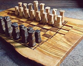 Handcrafted Olive Wood Chess Set with Live Edge Board and Unique Design, Handmade Chess Set with Live Edge with a Game Area by Levels