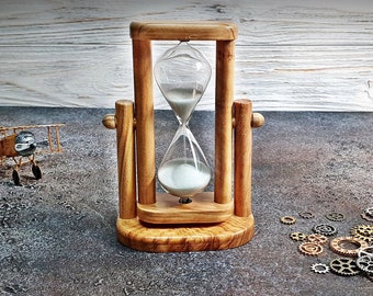 Reloj arena giratorio de 3 minutos, Temporizador de arena clásico de madera de olivo, Reloj de arena de vidrio hecho a mano para decoración