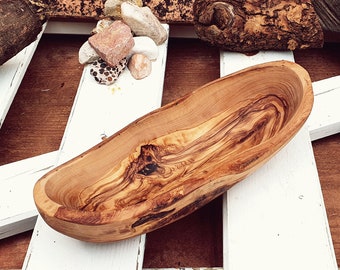 Ciotole di legno Legno d'ulivo, Ciotole lunghe con bordo vivo, Ciotole di legno lunghe, Piatto di legno, Ciotole rustiche per piatti di frutta, Ciotola a forma di barca, Cestini per il pane