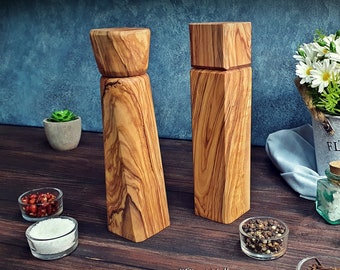 Set Pepper Mill Grinder Olive Wood, Salt Mill and Pepper Shaker, Pepper Mills for Seasoning, Vintage Pepper Shaker, Pepper Grinder Handmade