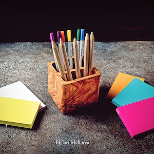 Olive wood Square Pencil Holder, Office and Desk Pencil Holder, Wooden Pen Holder, Office Accessories for Desk, Wooden Desk Pencil Organizer