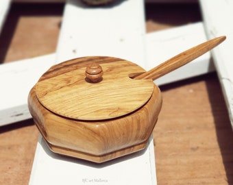 Sugar Bowl en bois, Sugar Bowl vintage, Salt Shaker with Spoon, Salt Container, Sugar Pot, Olive Wood Salt Keeper, Wooden Spice Keeper Box