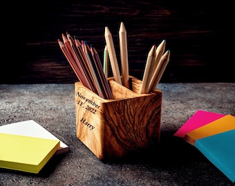 Custom Olive Wood Pencil Holder: Personalized Desk Organizer