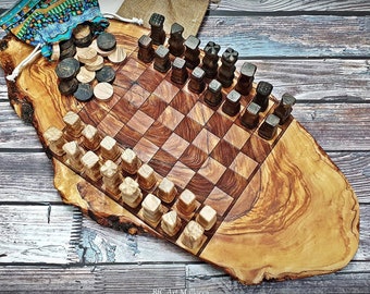 Customizable Chess Board with Checkers Included Handmade, Unique Olive Wood Chess Set with Rustic Vintage Edges