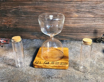 Set per cerimonia di sabbia dell'unità in legno d'ulivo: clessidra e vasi, decorazioni per matrimoni personalizzate